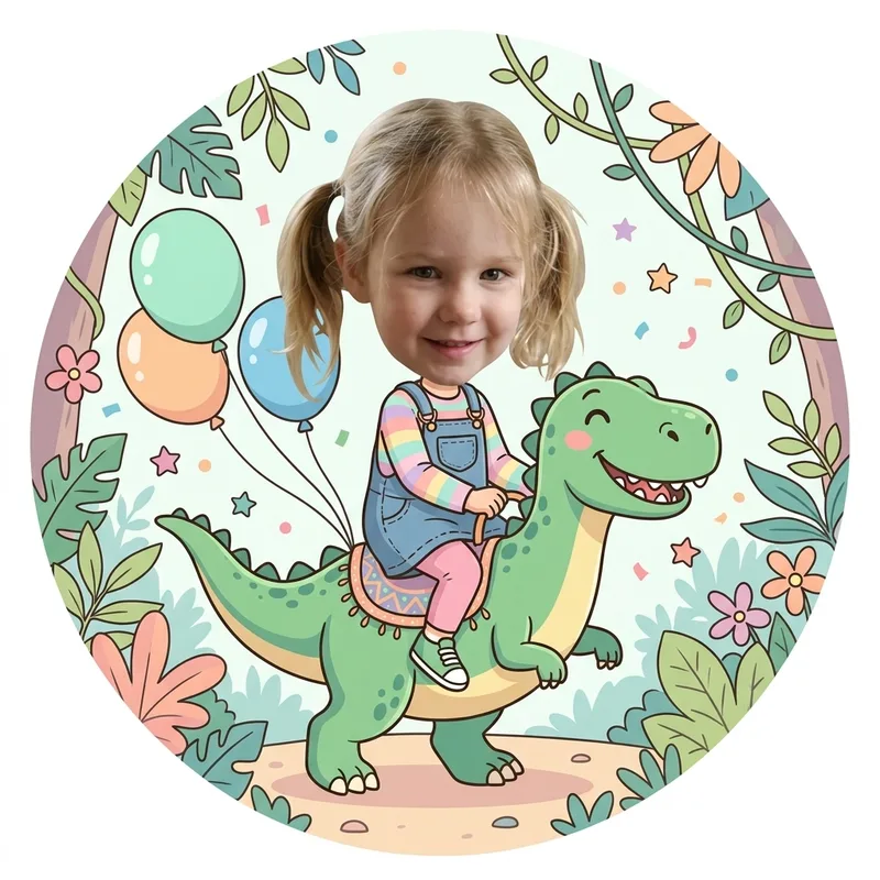 Foto-Collage im Thema Dino-Party als runder Tortenaufleger