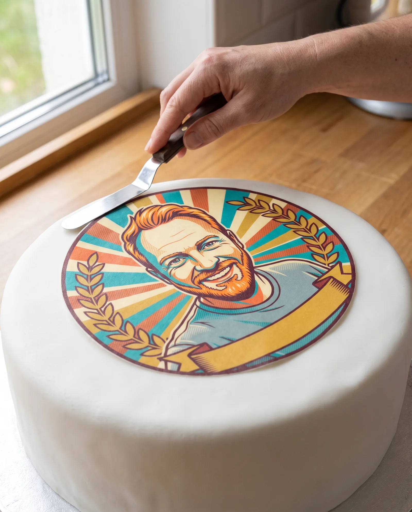 Hand streicht einen Retro-Plakat-Aufleger auf einer Fondanttorte glatt