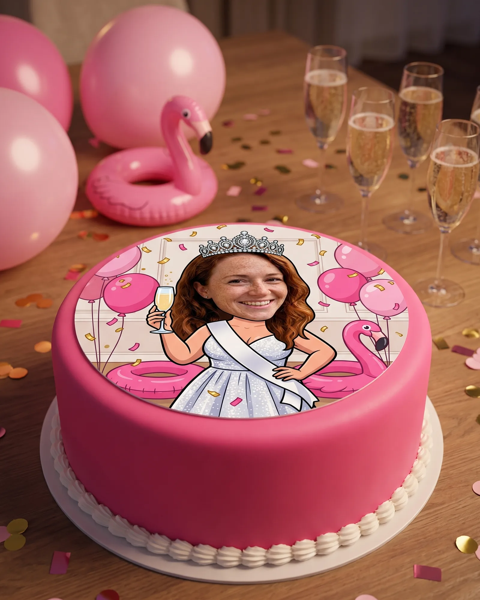 Foto-Collage der Braut mit Krönchen und Schärpe auf einer pinken JGA-Torte
