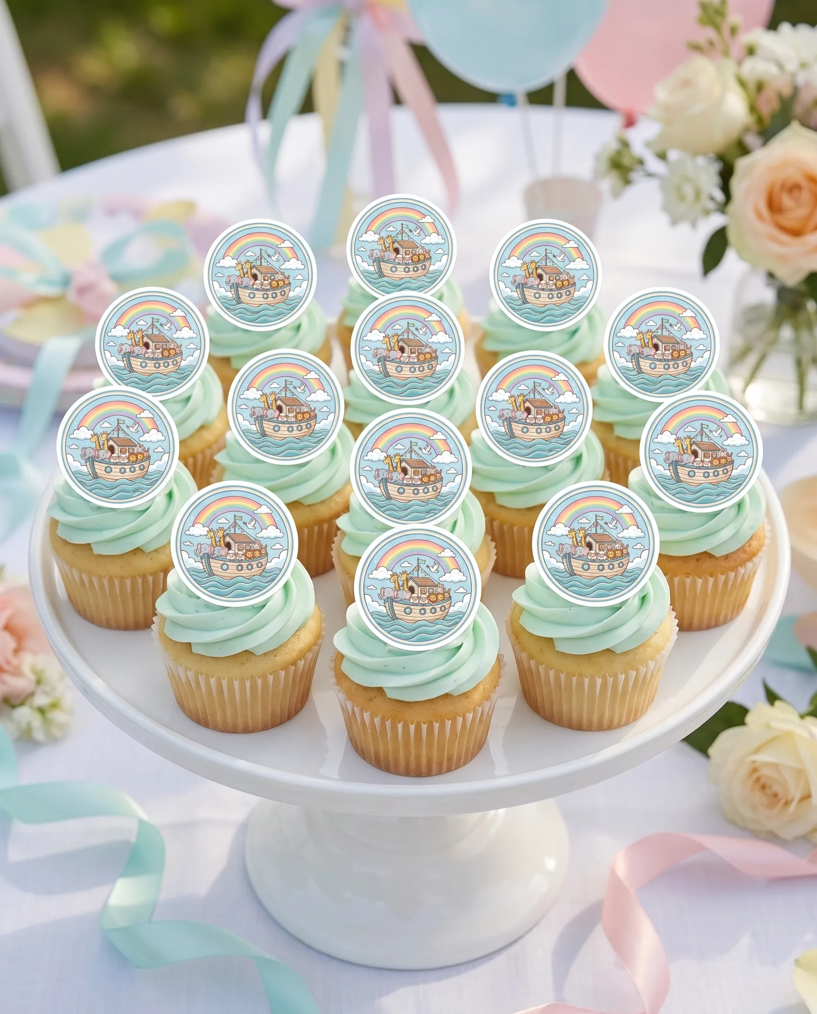Cupcake-Set mit Regenbogen-Arche-Motiv auf Mint-Cupcakes