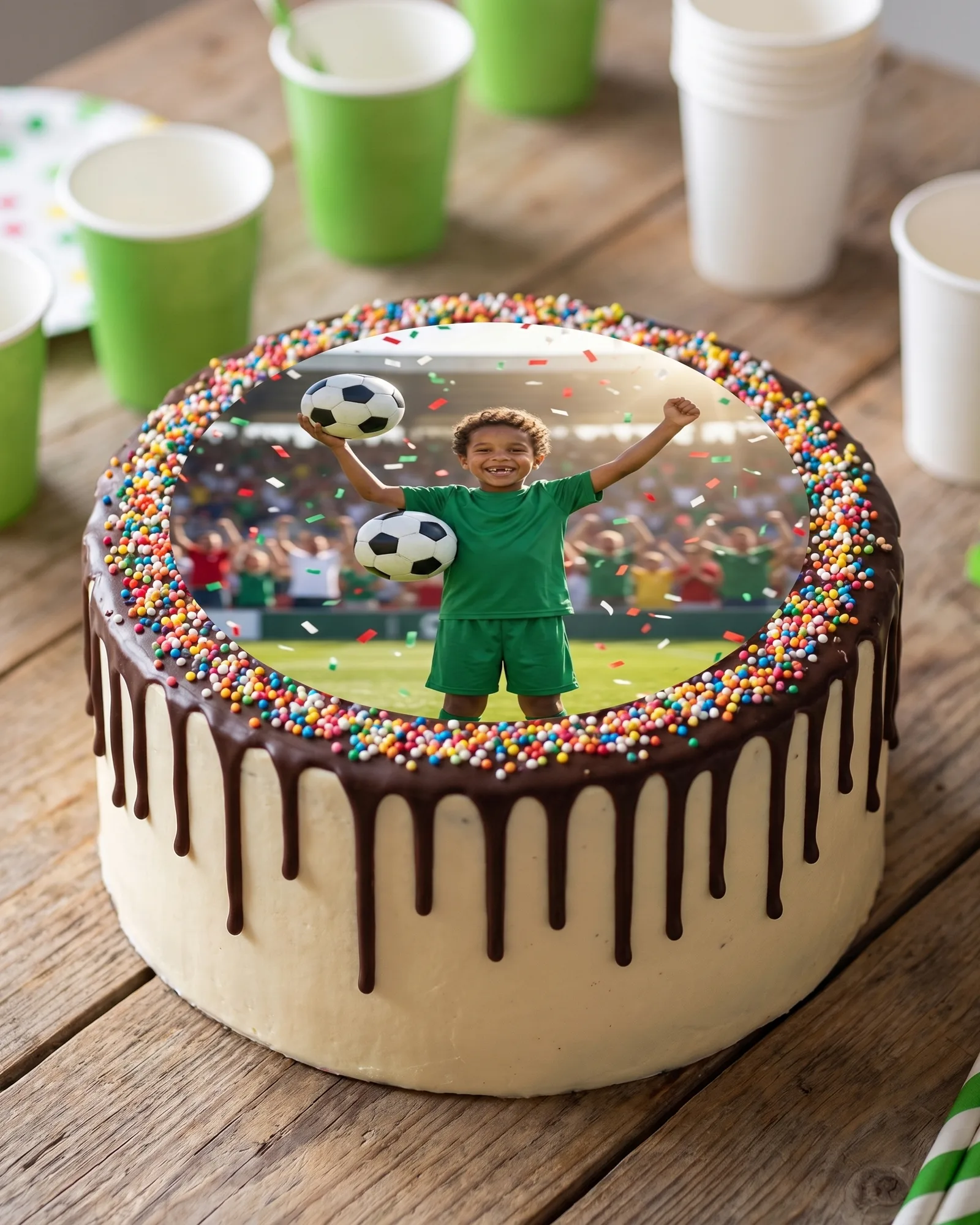 Runder Tortenaufleger mit einem Jungen als Fußball-Held, fotorealistisch, auf einer Drip-Cake