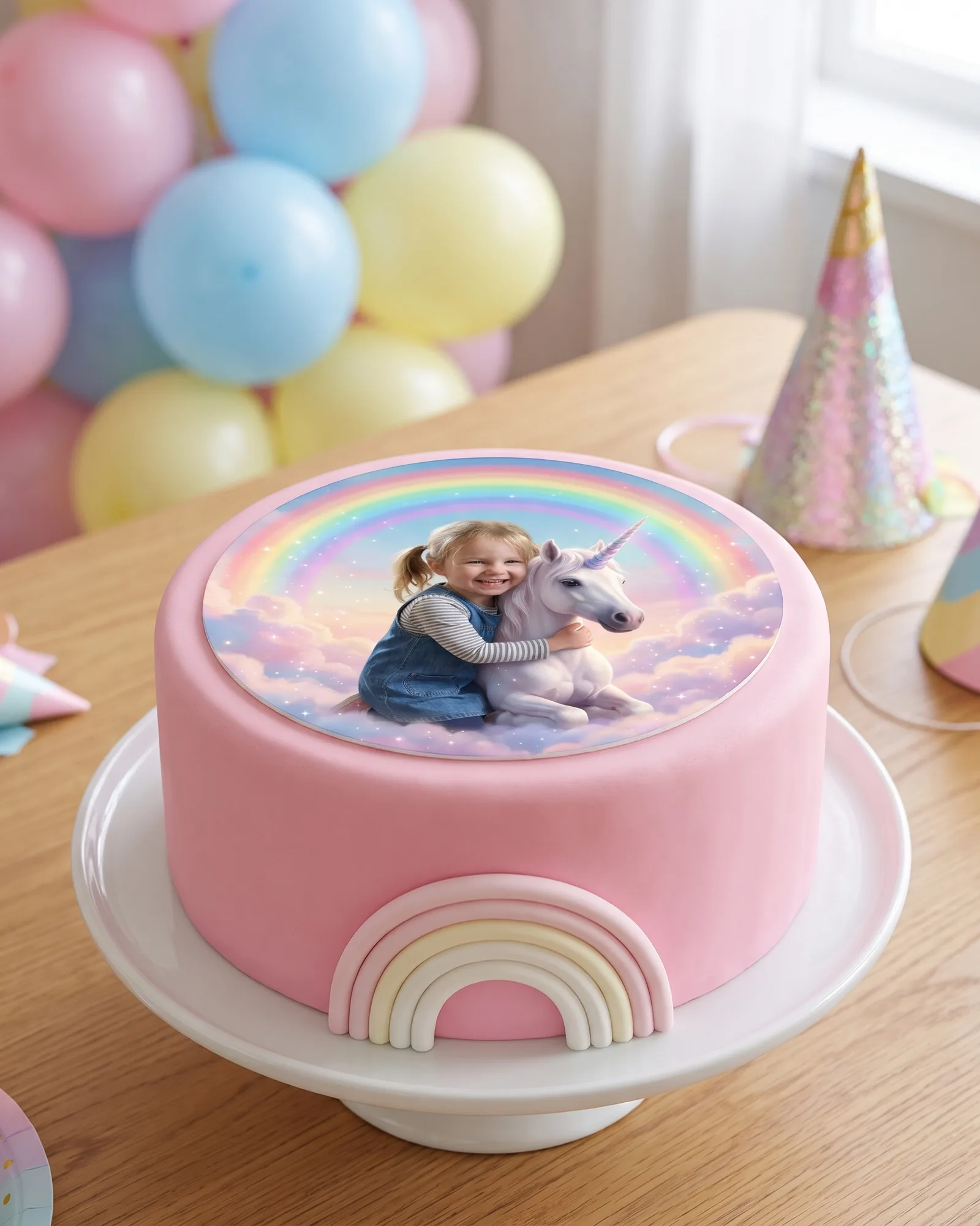 Runder Tortenaufleger mit einem Mädchen und einem Einhorn, fotorealistisch, auf einer Pastelltorte am Kindergeburtstagstisch