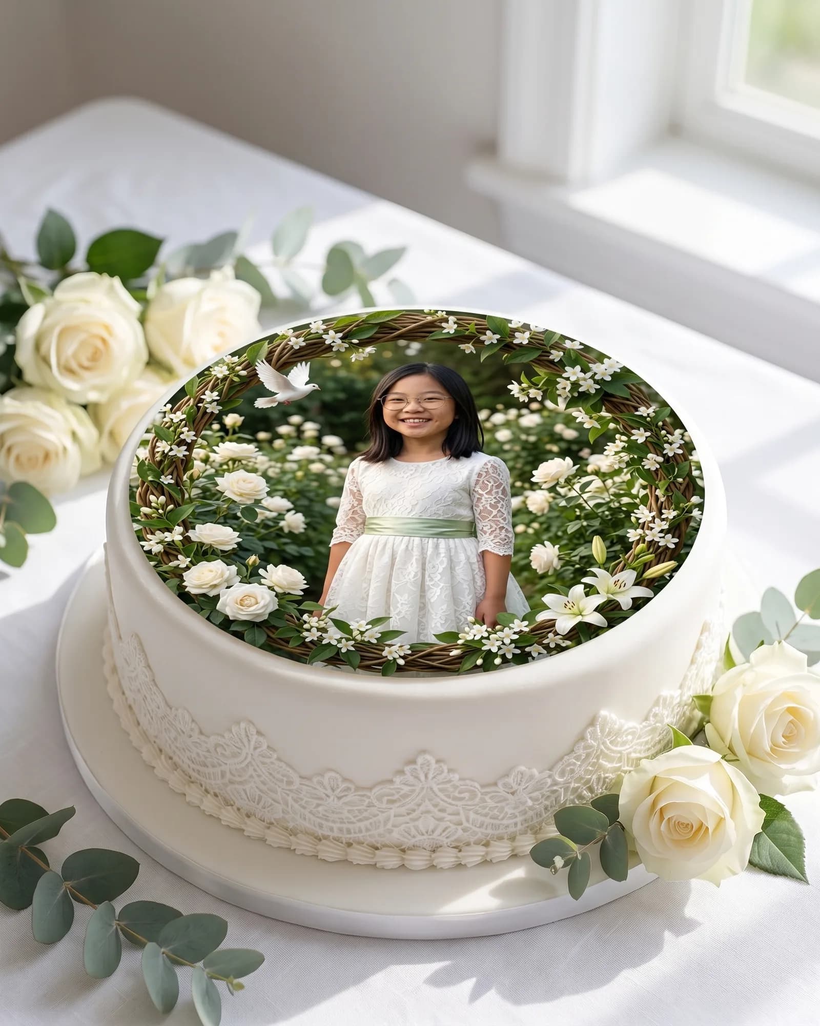 Fotoreal-Festportrait des Kommunionkinds im Blütenkranz auf einer weißen Kommuniontorte