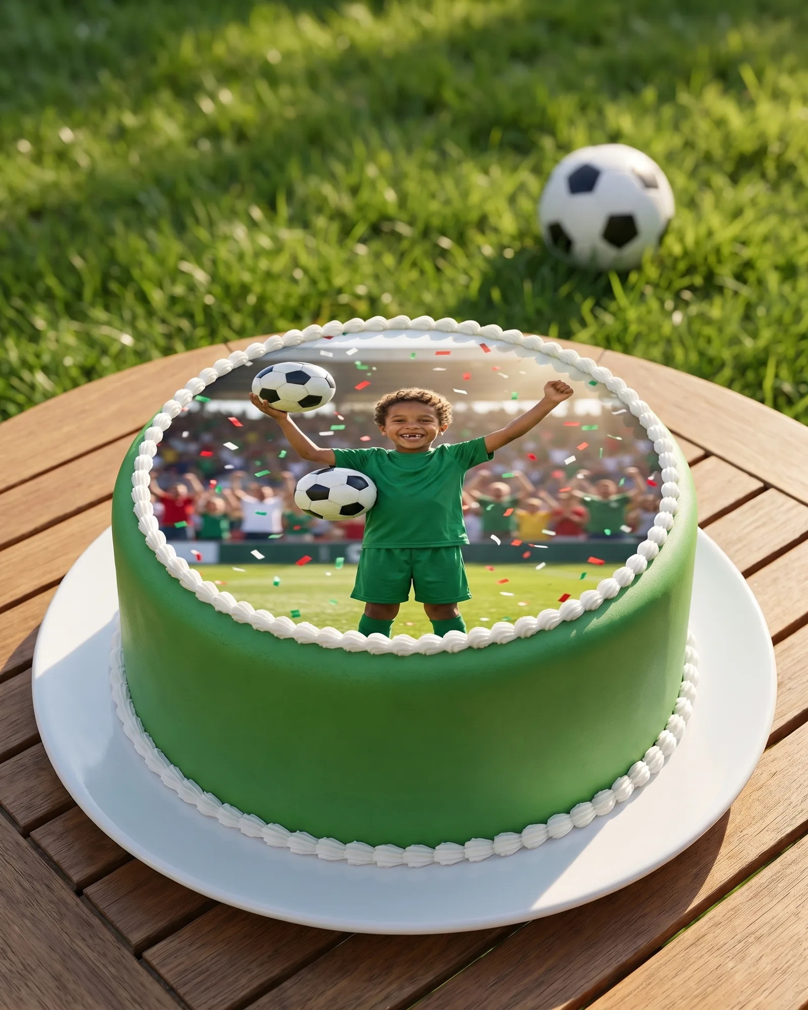 Fotoreal-Fußball-Aufleger auf einer grünen Fondanttorte im Garten