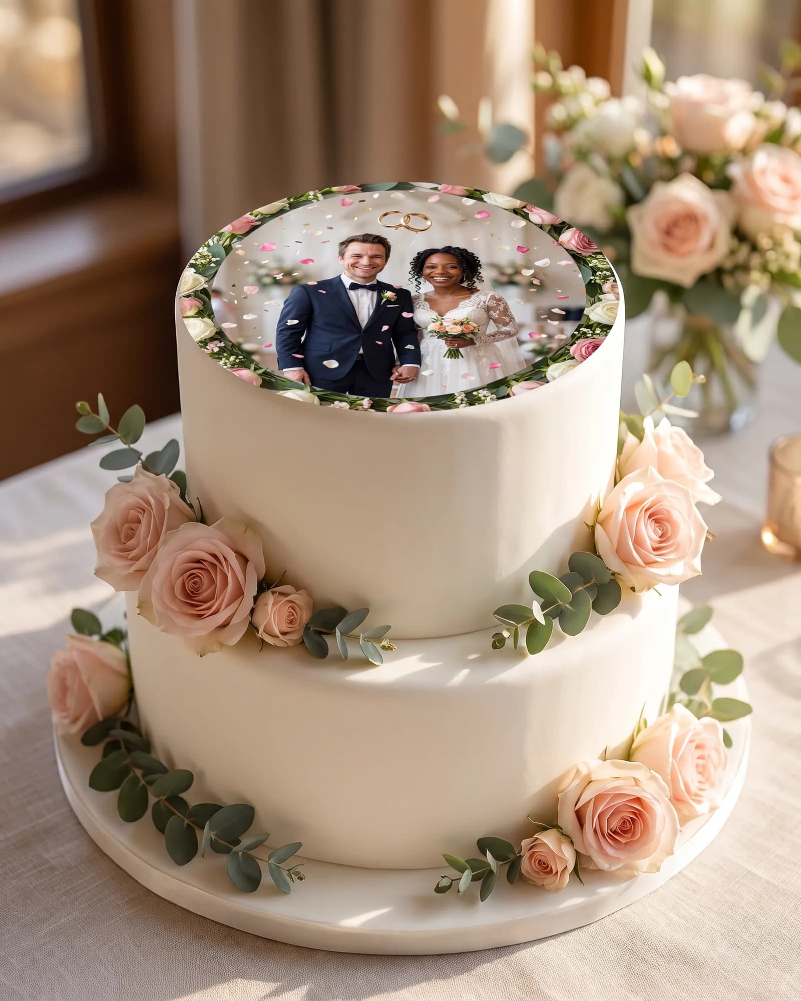 Tortenaufleger mit dem Brautpaar, fotorealistisch, auf einer zweistöckigen Hochzeitstorte