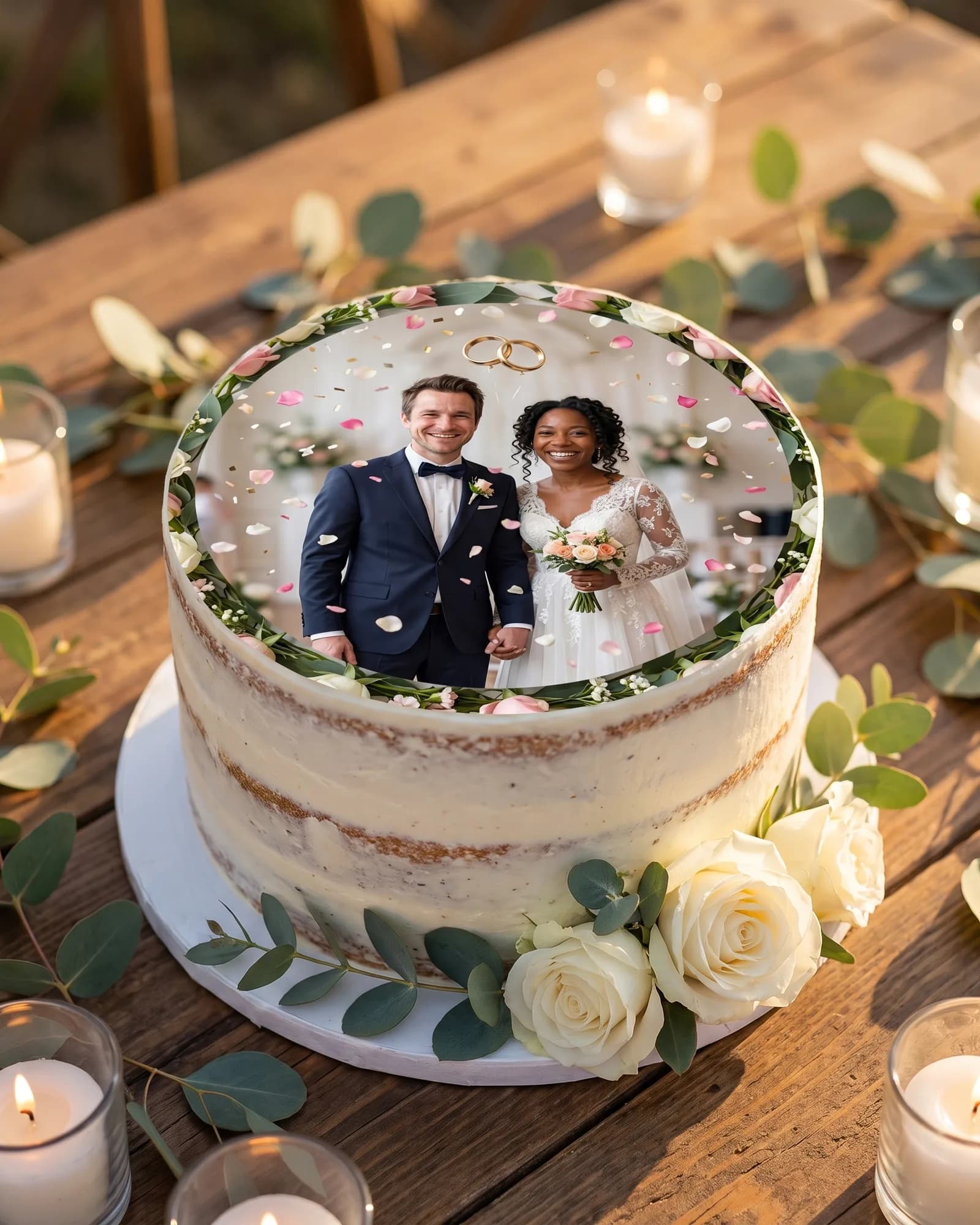 Fotoreal-Brautpaar-Aufleger auf einer Naked Cake mit weißen Rosen