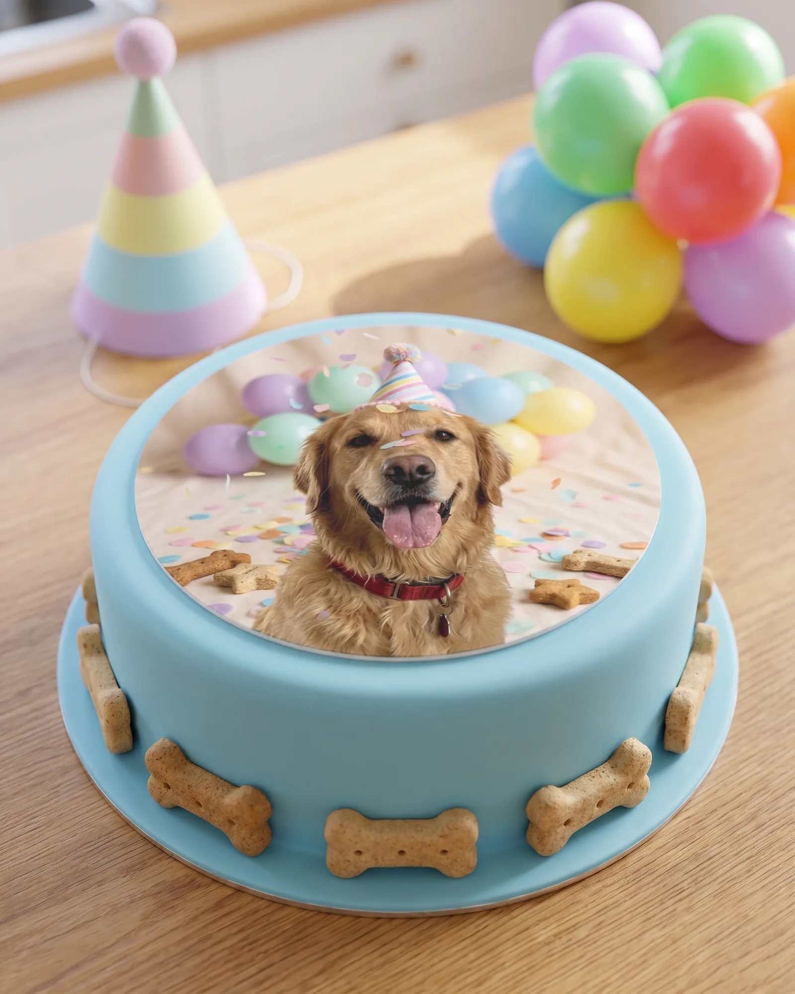 Fotoreal-Aufleger mit dem Hund im Partyhut auf einer hellblauen Hundegeburtstagstorte