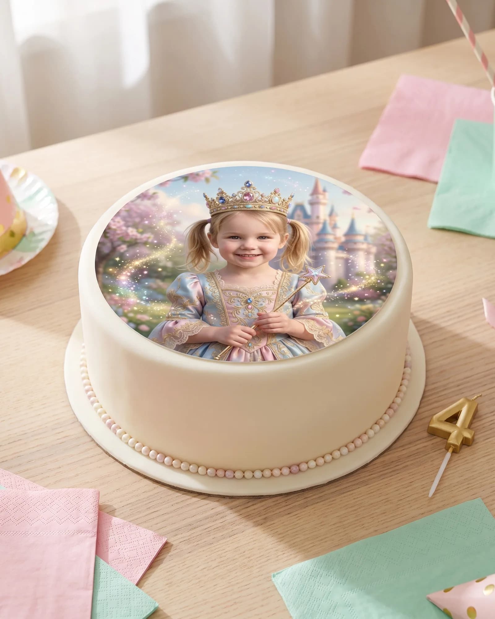 Runder Tortenaufleger mit einem Mädchen als Prinzessin vor einem Märchenschloss auf einer weißen Fondanttorte