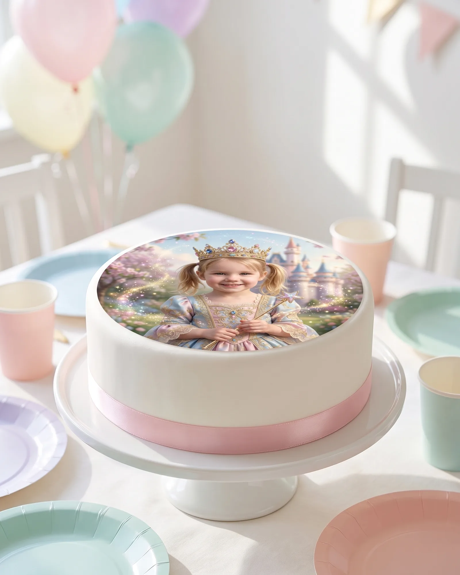 Fotoreal-Prinzessinnen-Aufleger auf einer weißen Fondanttorte am Kindergeburtstagstisch