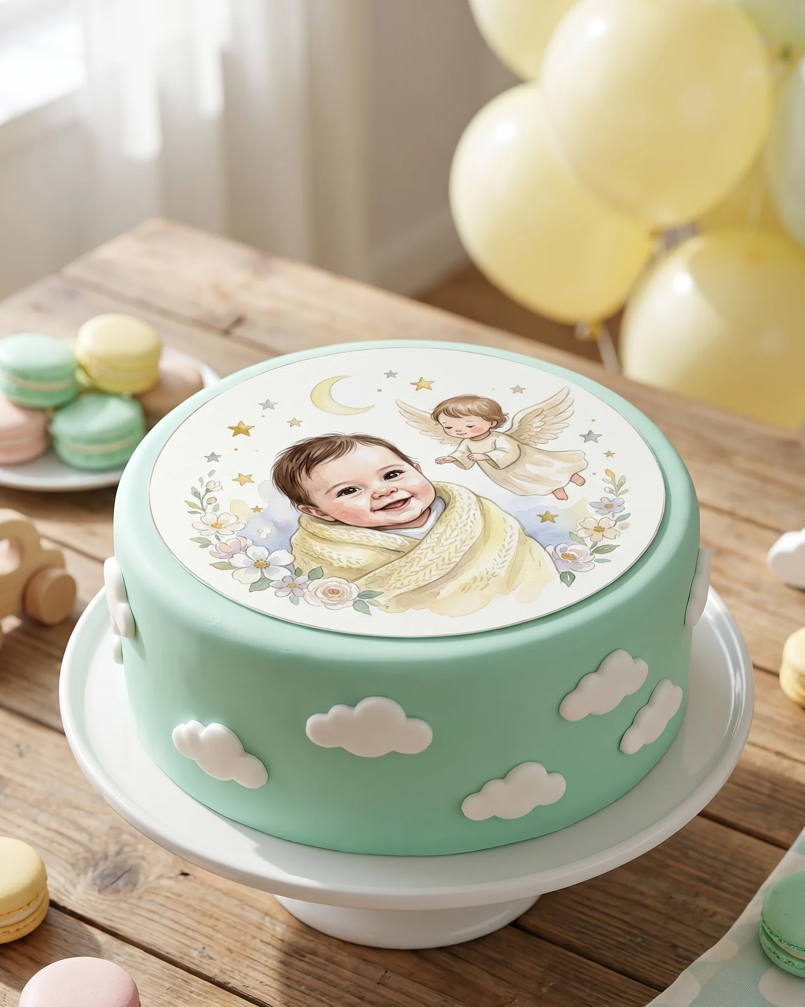 Schutzengel-Aufleger in Aquarell mit dem Babyfoto auf einer mintgrünen Babyparty-Torte