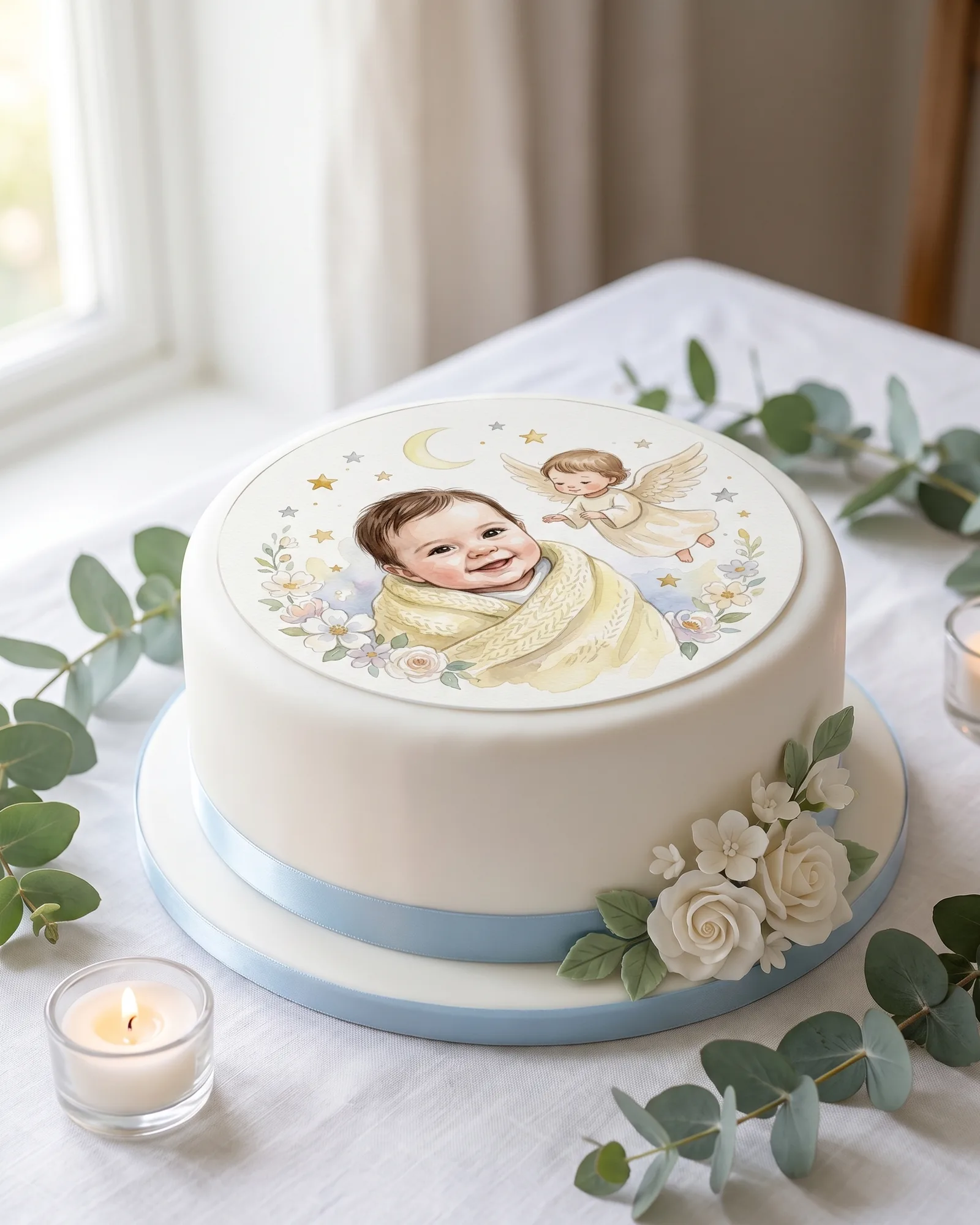 Schutzengel-Aufleger in Aquarell mit dem Babyfoto auf einer weißen Tauftorte mit hellblauem Band